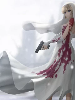 parasite eve, the 3rd birthday, пистолет, платье, свадебное, кровь, девушка, снег, aya brea