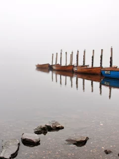 лодки, озеро, туман