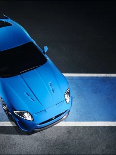 разворот, jaguar xkr s 2011, синий, асфальт, вид сверху, полосы, ягуар