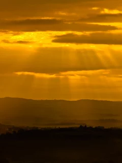 лучи, холмы, закат, свет, tuscan glow, солнце