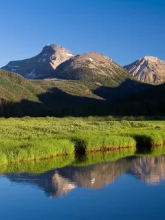 небо, горы, трава, река, лес