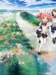 maho shojo madoka magica, мост, река, дорока, трава, девочки, аниме, цветы, форма