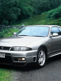 дорога, гтр, r33, кусты, skyline, грунтовка, легендарный, серебристый, ниссан, v-spec, спорткар, gt-r, трава, автомобиль, снайлайн, nissan