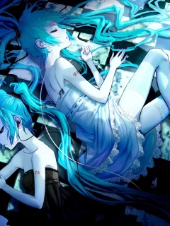 hatsune miku, наушники, вокалоид, волосы, чулки