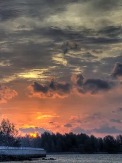 закат, серое, небо, река