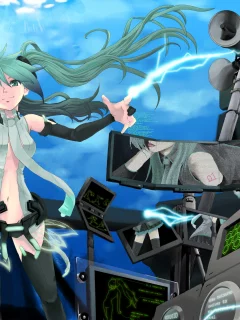 девушка, vocaloid, оборудование, мегафон, молния, hatsune miku, разряд