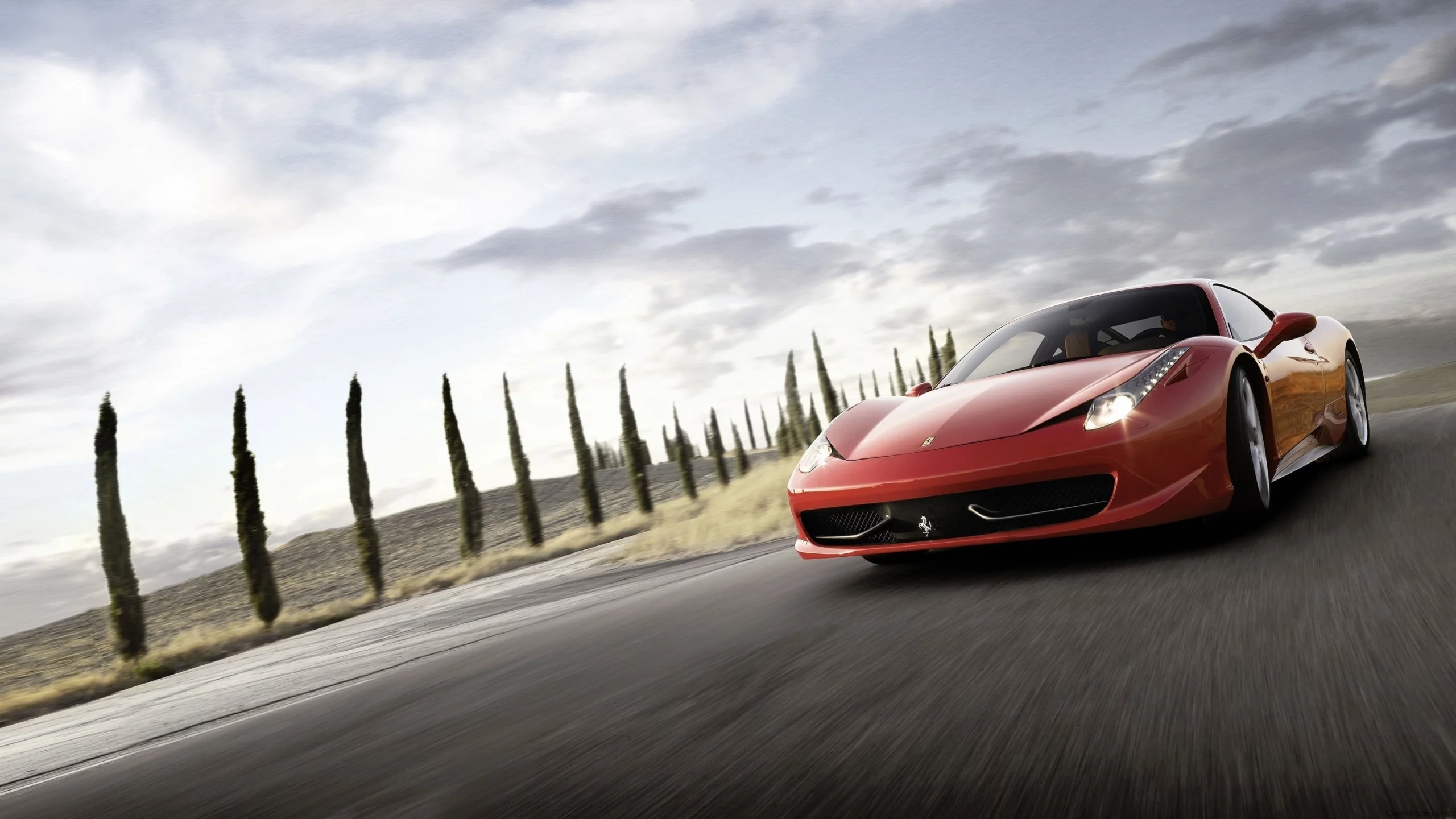 ferrari, пейзаж, разметка, машина, 458, italia, суперкар, небо, обои, дорога, феррари