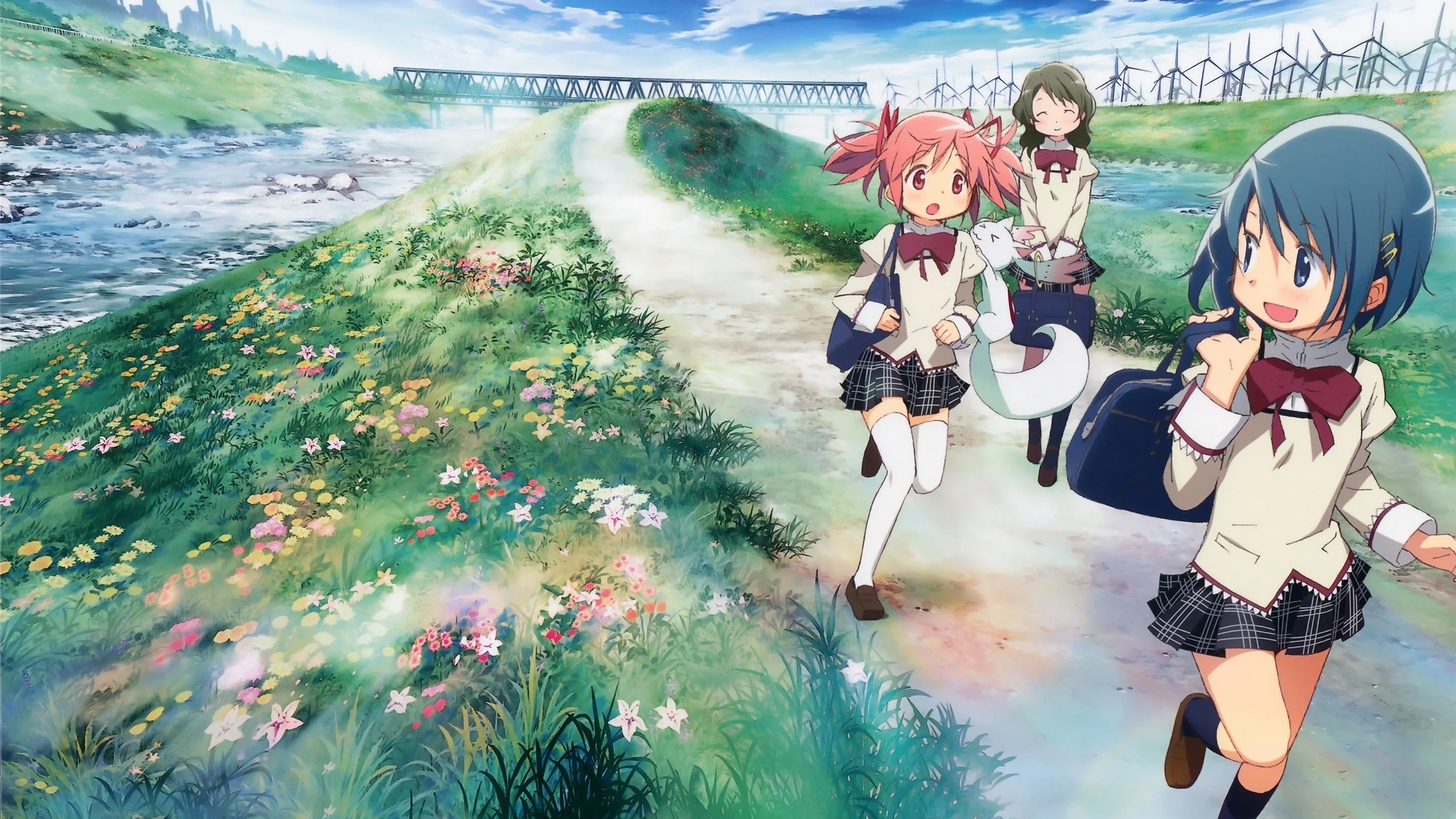 maho shojo madoka magica, мост, река, дорока, трава, девочки, аниме, цветы, форма