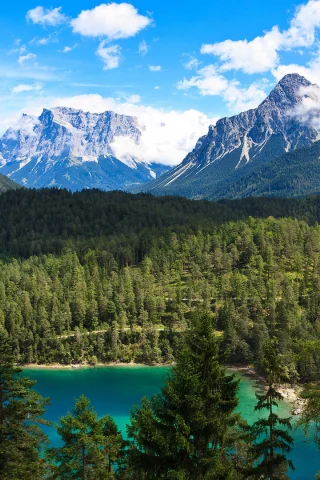 деревья, вода, горы, облака, небо