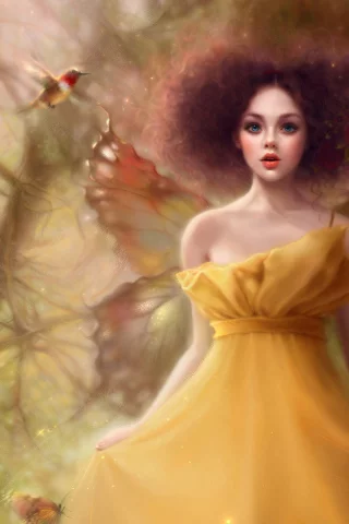 девушка, птицы, крылья, magic forest, fantasy