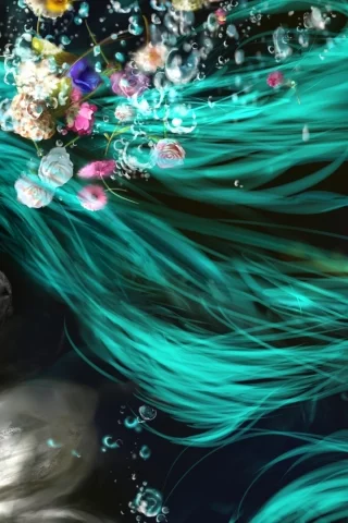рыба, цветы, под водой, волосы, hatsune miku, пузыри, vocaloid