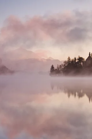 остров, деревья, река, landscape beautiful, туман