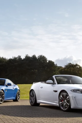 jaguar, синий, небо, купе, деревья, кабриолет, белый, coupe, суперкар, икскр-с, ягуар, xkr-s, convertible