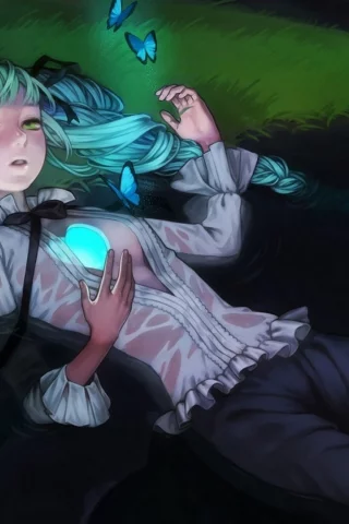 хатсуне мику, вода, кувшинки, аниме, hatsune miku, vocaloid, сердце, бабочки, вокалоид
