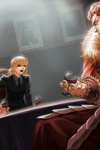 парни, fatezero, комната, saber, бокал, эмоции, стол, вино, девушка