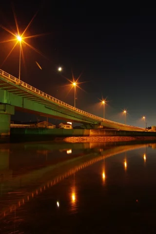 река, вода, ночь, мост, огни