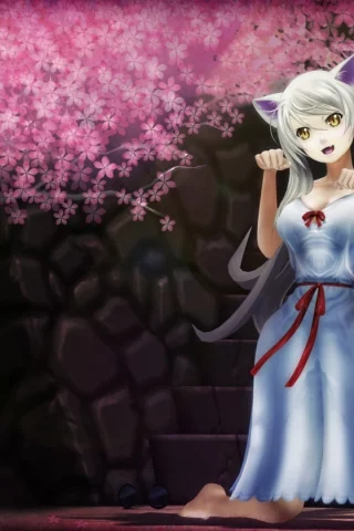 уши, сакура, дерево, лестница, девушка, hanekawa tsubasa, неко, bakemonogatari