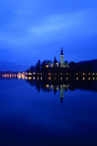ночь, lake bled, озеро, reflection, slovenia, словения, огни