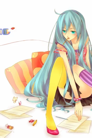 hatsune miku, девушка, бабочки, vocaloid, длинные волосы, конфеты, подушки, листы бумаги, карандаши