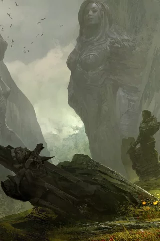 трава, воины, guild wars 2, статуи, горы