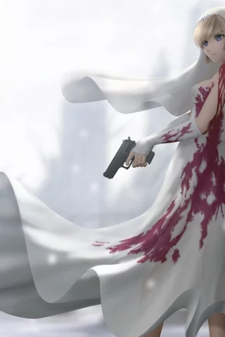 parasite eve, the 3rd birthday, пистолет, платье, свадебное, кровь, девушка, снег, aya brea