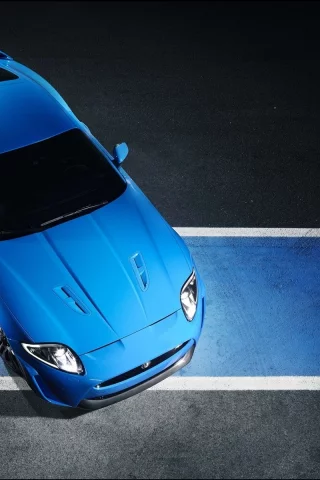 разворот, jaguar xkr s 2011, синий, асфальт, вид сверху, полосы, ягуар