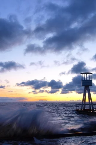 природа, волны, море, небо, пейзаж, закат, пристань, пирс