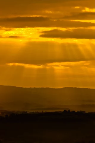 лучи, холмы, закат, свет, tuscan glow, солнце