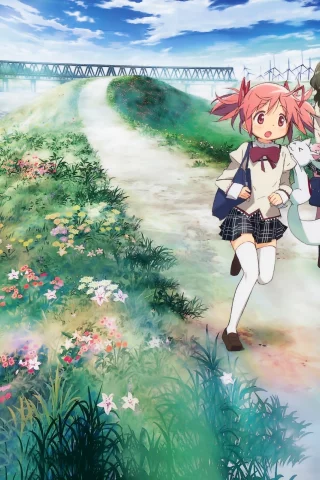 maho shojo madoka magica, мост, река, дорока, трава, девочки, аниме, цветы, форма