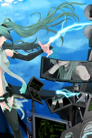 девушка, vocaloid, оборудование, мегафон, молния, hatsune miku, разряд