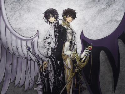 knights, dark and white, меч, лелуш, lelouch lamperouge, code geass, anime, clamp, suzaku kururugi, код гиас, аниме, крылья