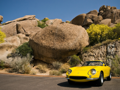 ferrari, желтая, скалы, 275 gtb, небо, камни, деревья, машина