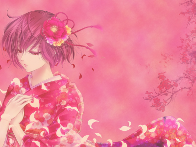 девушка, цветы, ветер, розовый, кимоно, лепестки, сакура