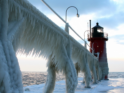 sea, lighthouse.frozen, ice, sky