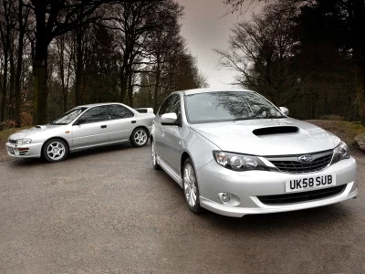 subaru, субару, разные поколения, импреза, деревья, wrx, спорткар, impreza, старый и новый, серебристый