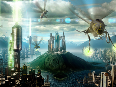 будущее, сооружения, остров, город, пчелы, облака, здания, осы, река