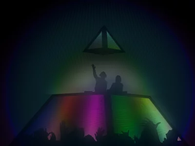 daft punk, концерт, люди, пирамида, музыка, арт, руки