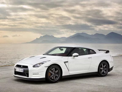 белый, море, горы, gt-r, nissan