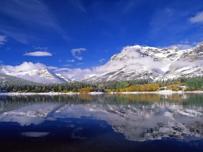снег, горы, озеро, канада, лес