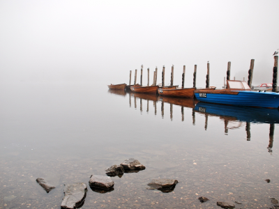 лодки, озеро, туман