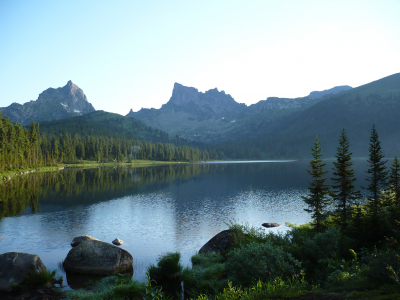 озеро, горы, деревья, панорама