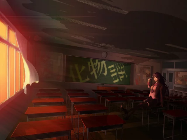 арт, доска, рассвет, школа, парты, аниме, bakemonogatari, класс