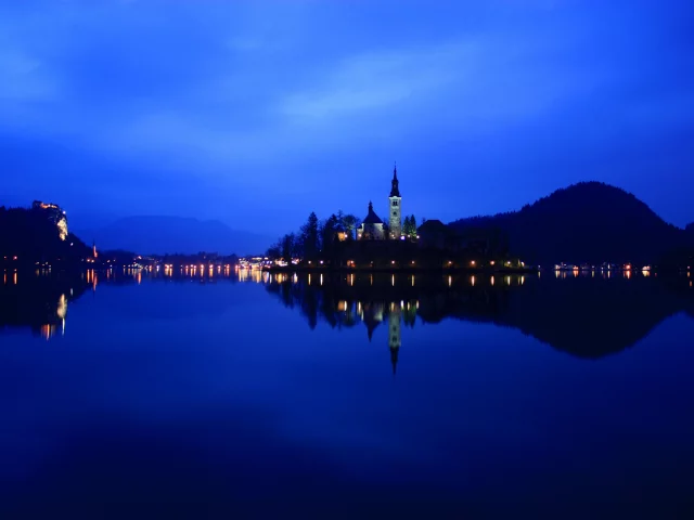 ночь, lake bled, озеро, reflection, slovenia, словения, огни