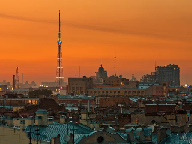 ночь, город, здания, башня