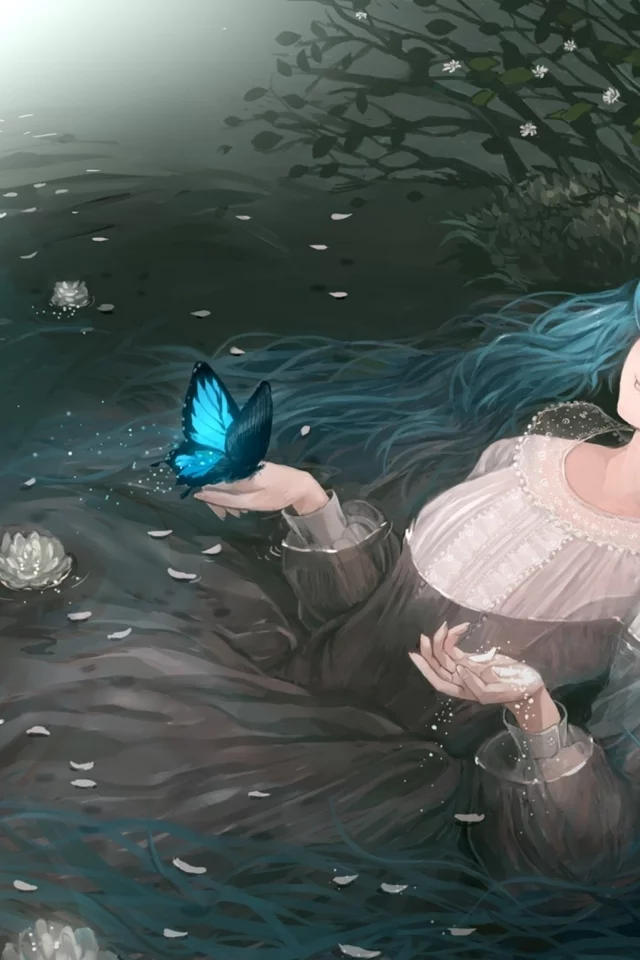 цветы, vocaloid, вода, hatsune miku, девушка, бабочки, платье, озеро