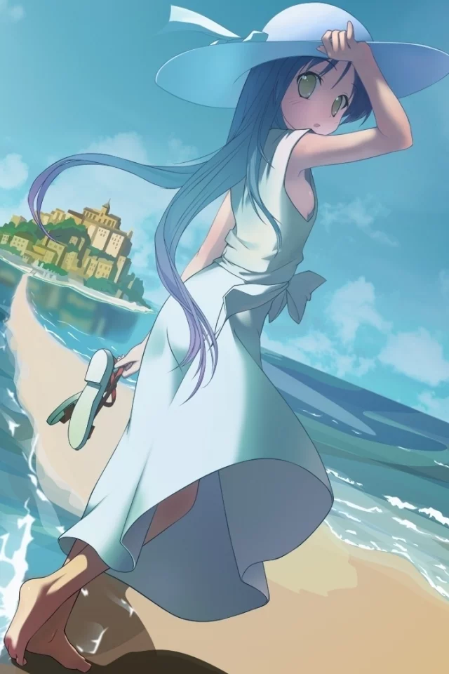 anime, пляж, город, шляпа, рисунок, горизонт, art, девочка, море, сандали, аниме