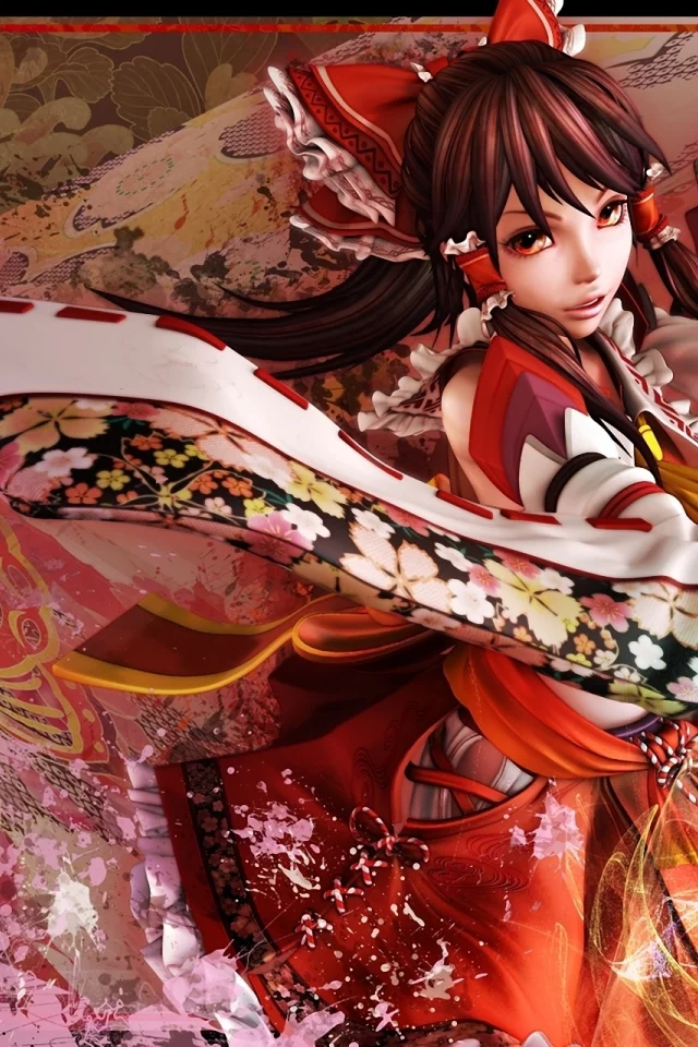 кимоно, бабочки, абстракция, девушка, карточка, бант, иероглифы, touhou