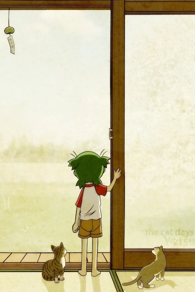 the cat days of summer, ребенок, кошки, yotsubato, дверь, девочка