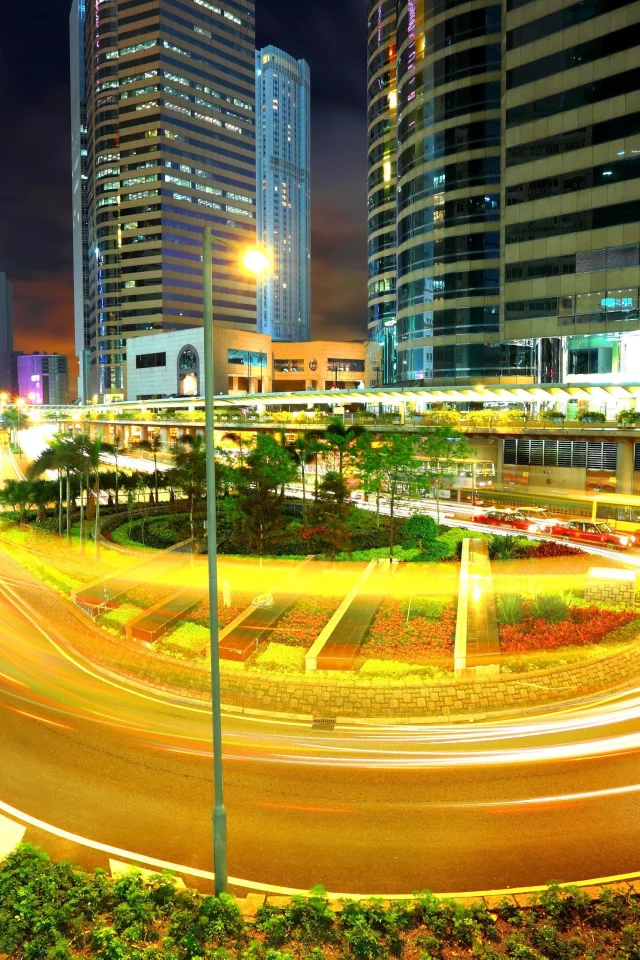 night city, cars, view, город, мегаполис, траффик, поворот, машины, движение, огни, здания, ночь