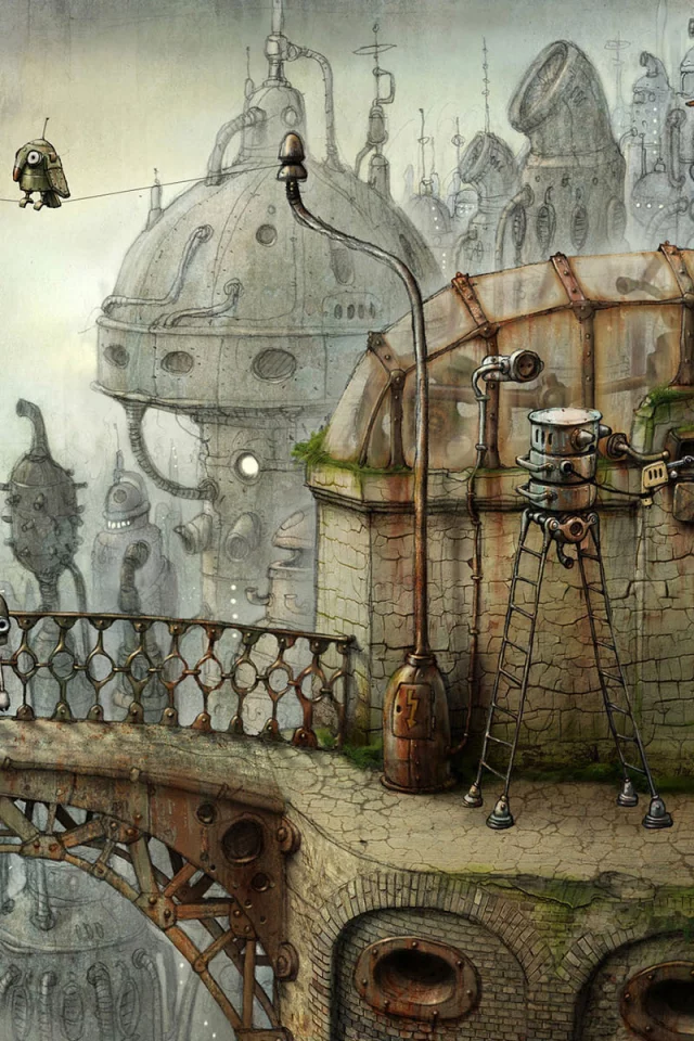 город, механизм, machinarium, попугай, робот, мост, птица